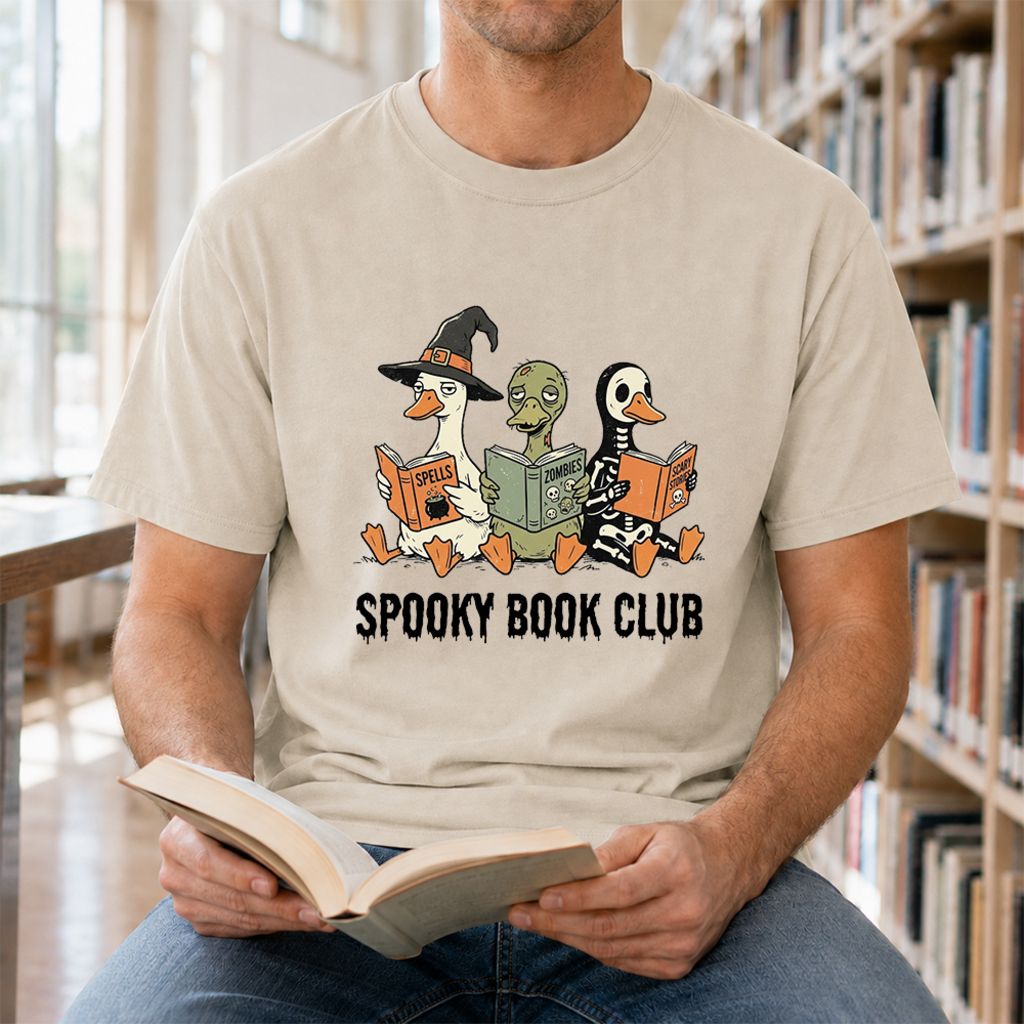 Spooky Book Club Printed T-Shirt | Halloween Book Lover Gift Sand