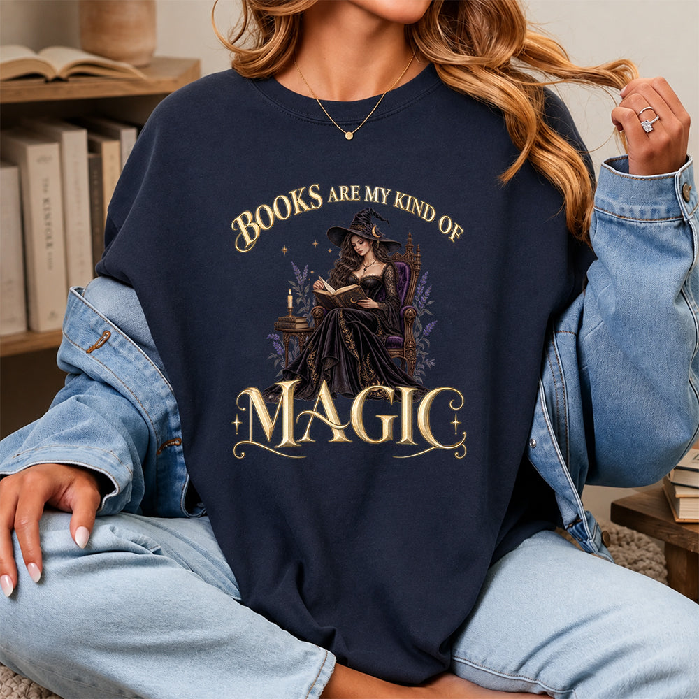 Books Are My Kind Of Magic Printed T-Shirt | Halloween Feminine Magic Reader Gift Navy