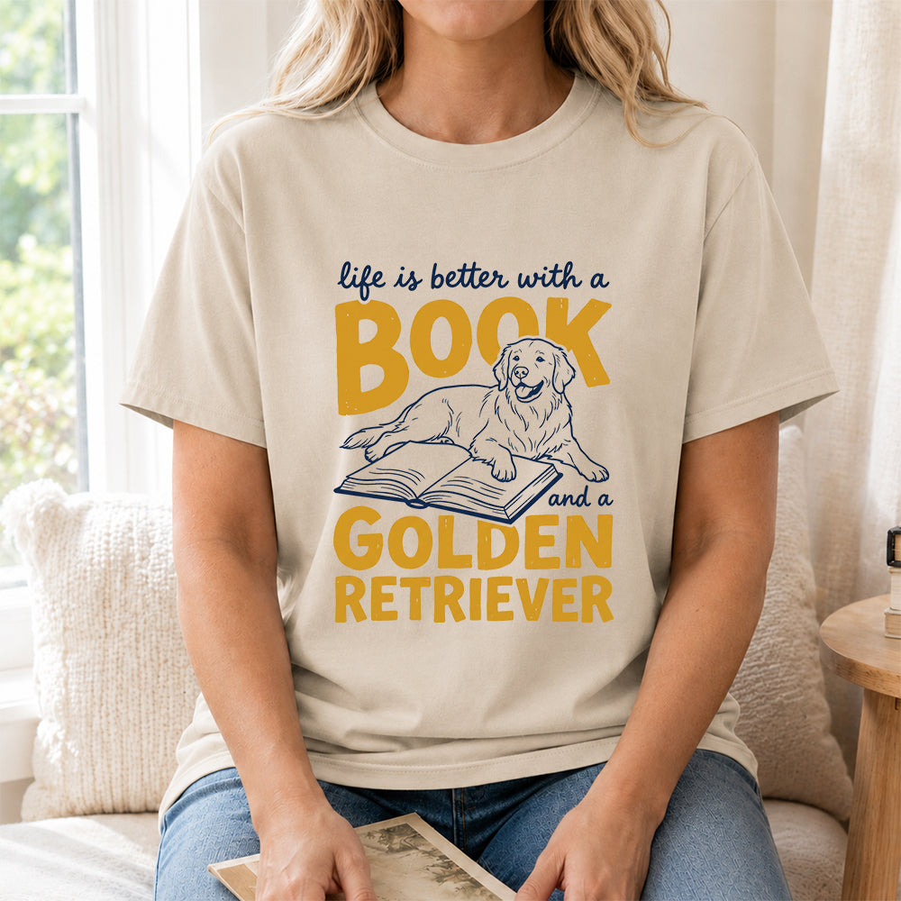 Life Is Better With A Book And A Golden Retriever Softstyle T-Shirt | Book Lover Gift Sand