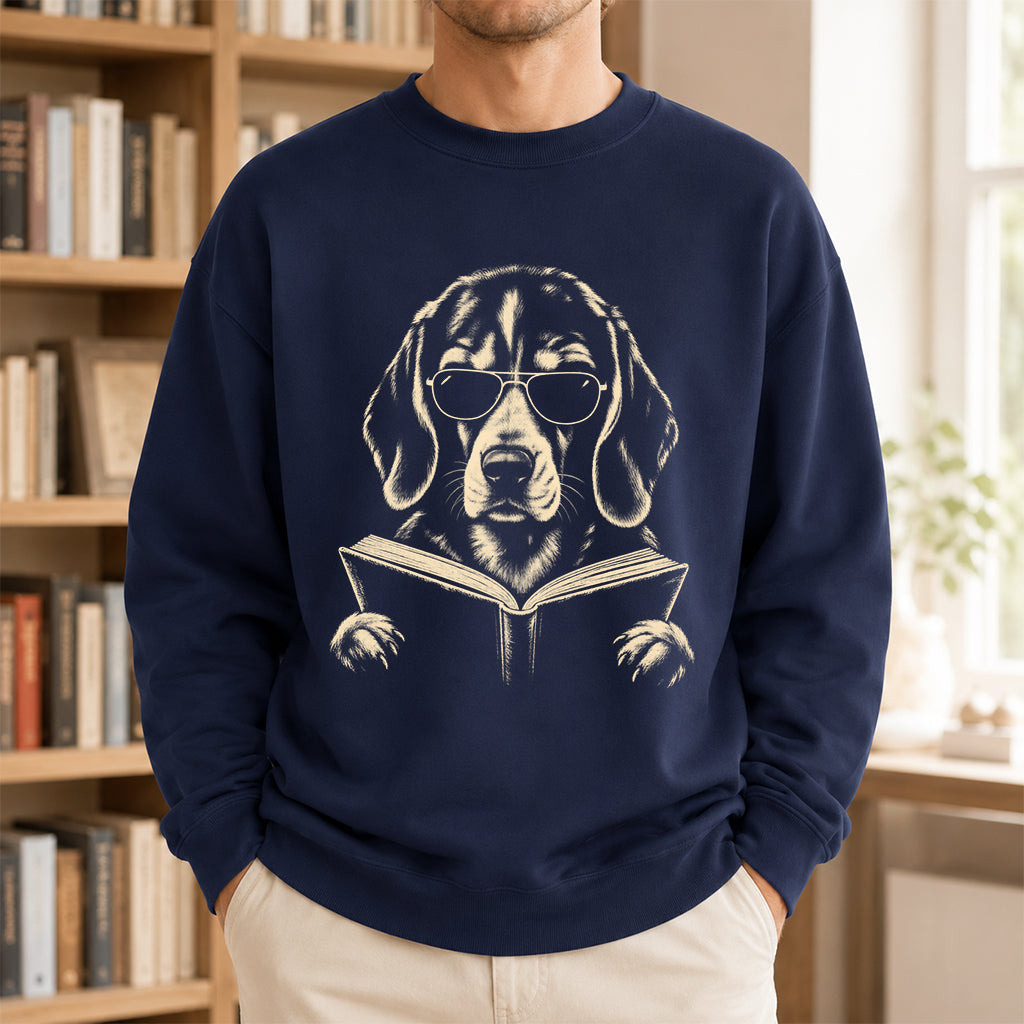 Beagle Reading Book Crewneck Sweatshirt | Reader Gift Navy