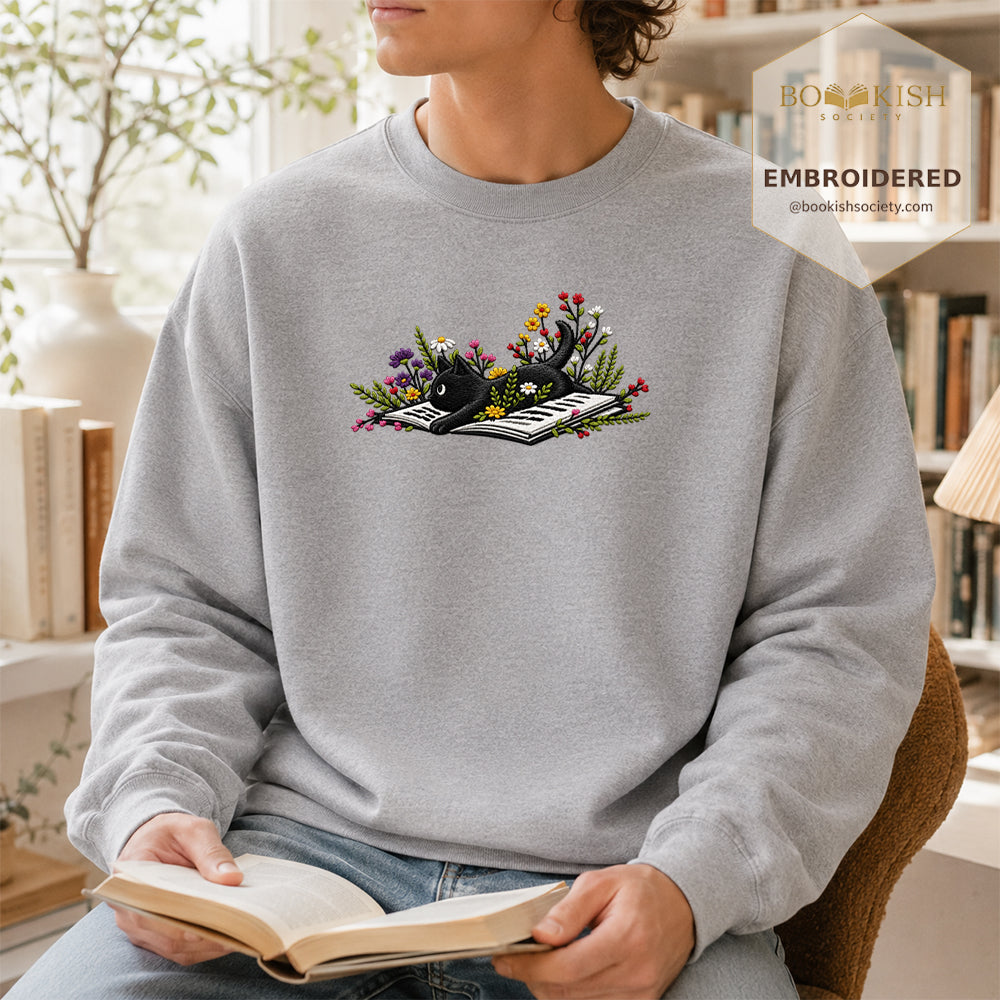 Cat and Book Embroidered Sweatshirt | Reader Gift Sport Grey