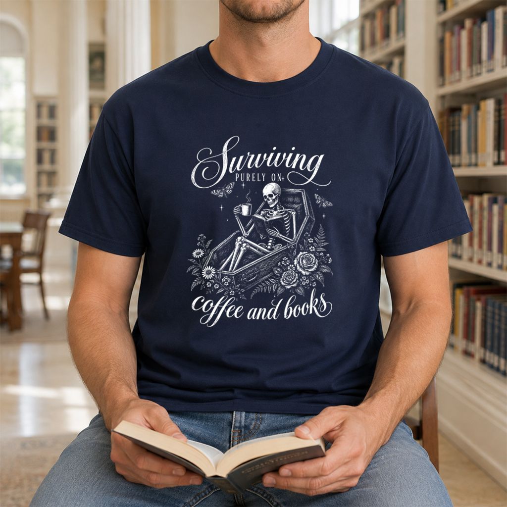 Surviving Purely On Coffee And Books Printed T-Shirt | Halloween Book Lover Gift Navy