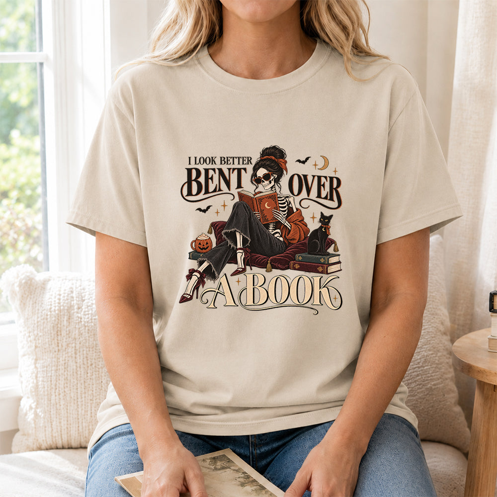 I Look Better Bent Over A Book Printed T-Shirt | Halloween Book Lover Gift Sand