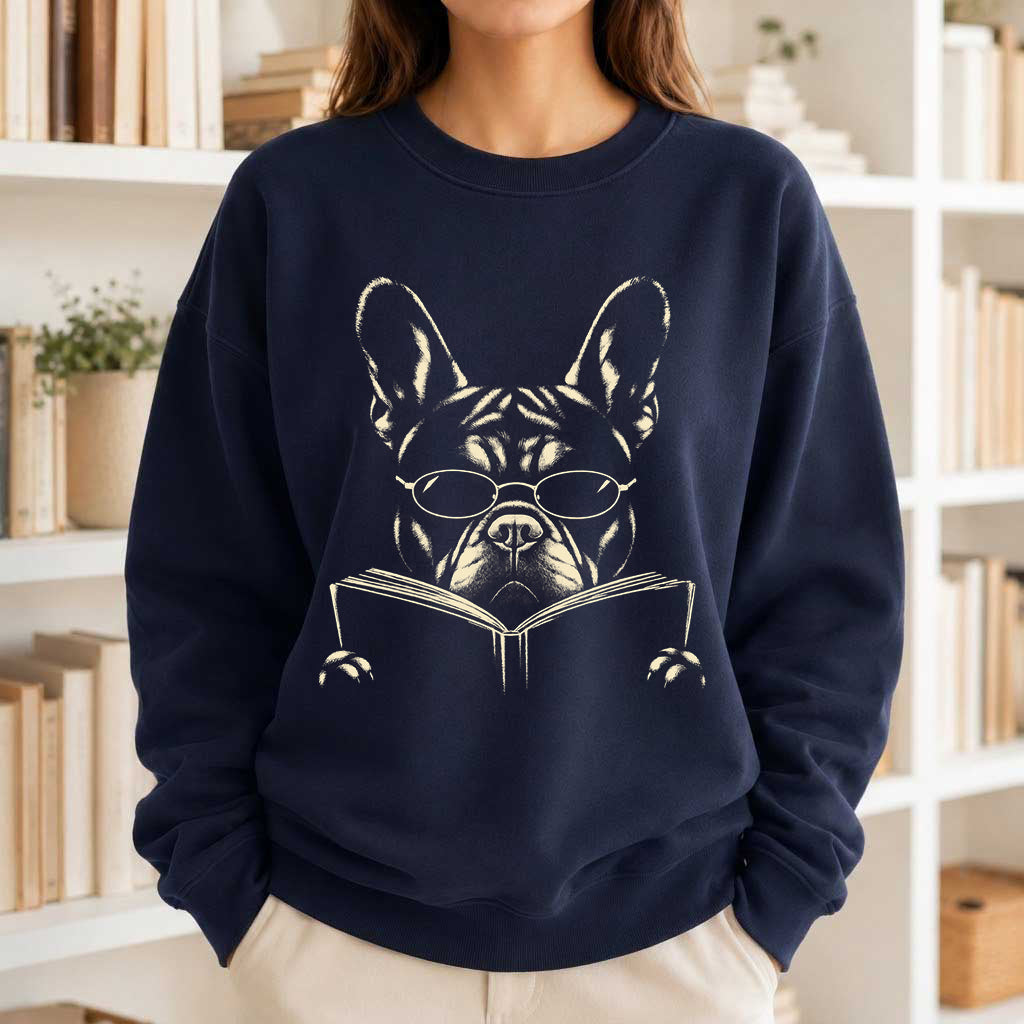 French Bulldog Reading Book Crewneck Sweatshirt | Reader Gift Navy