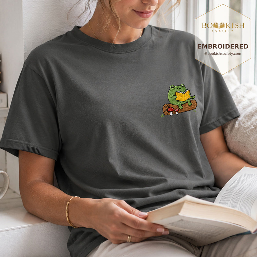 Embroidered Frog on Log Reading Book Comfort Color® T-shirt Book Lover Gift Pepper