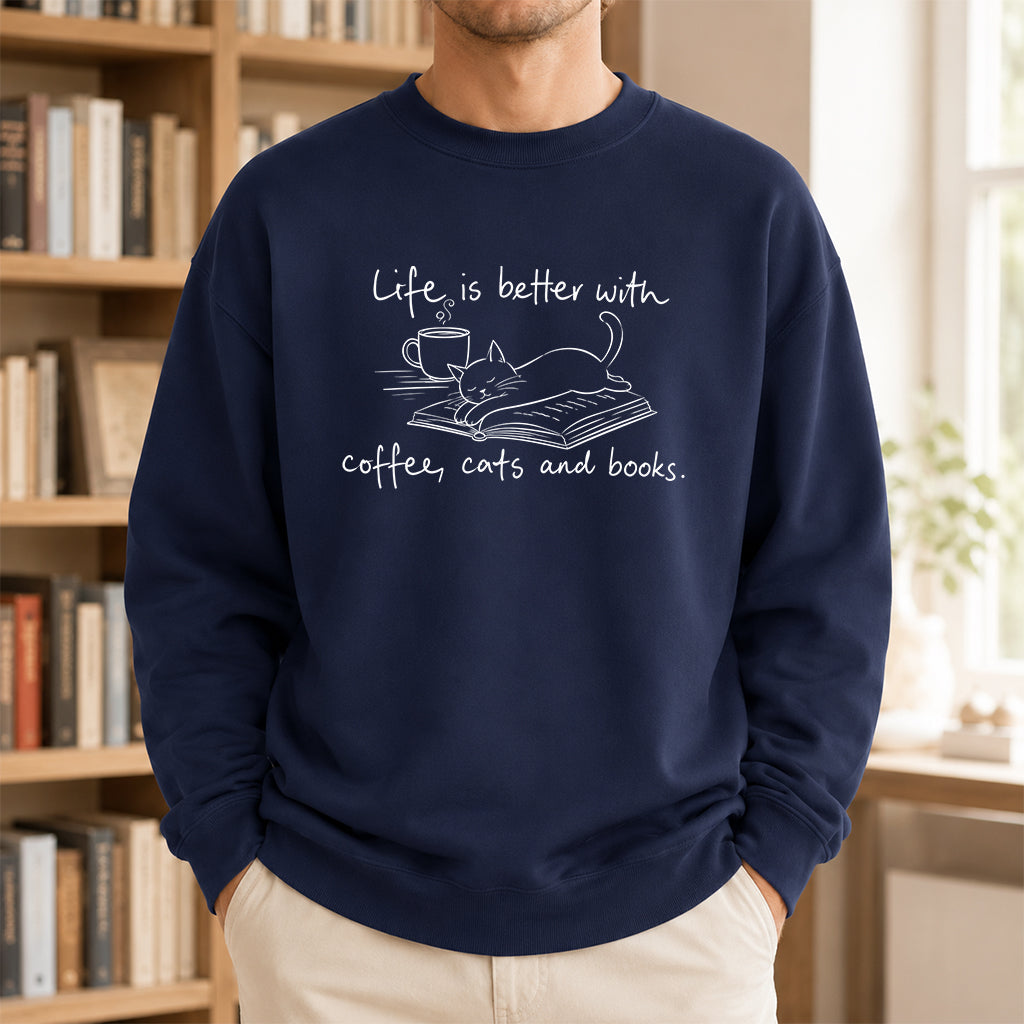 Funny Cats and Books Crewneck Sweatshirt | Reader Gift Navy