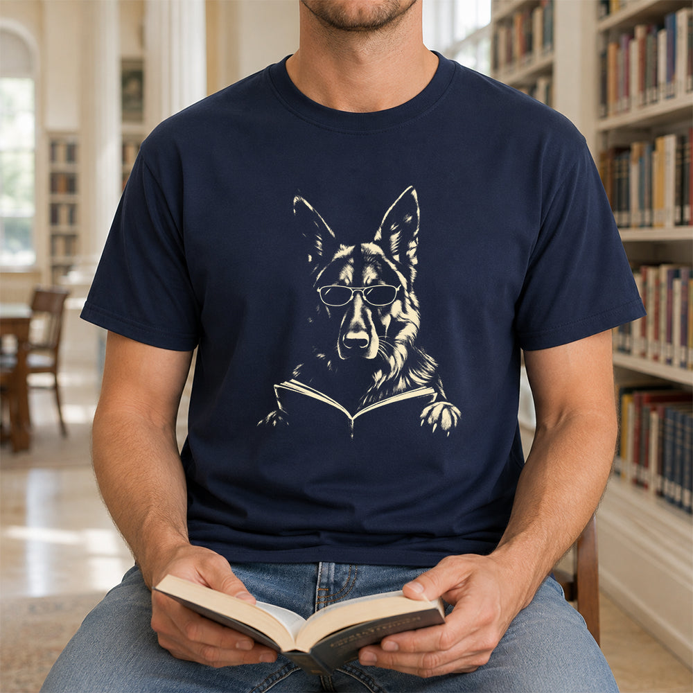 German Shepherd Reading Book Softstyle T-Shirt | Book Lover Gift Navy