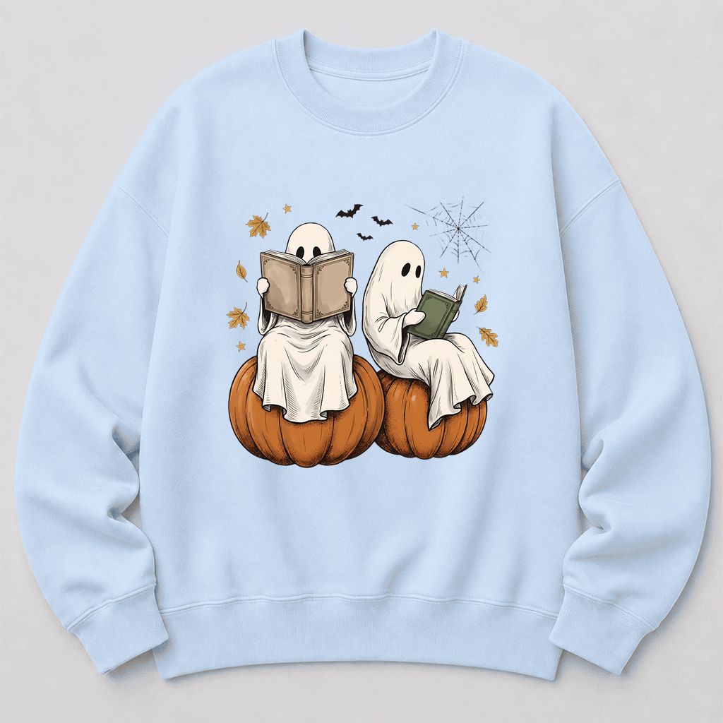 Small Ghosts Reading on Pumpkins Printed Sweatshirt | Spooky Book Lover Gift Light Blue