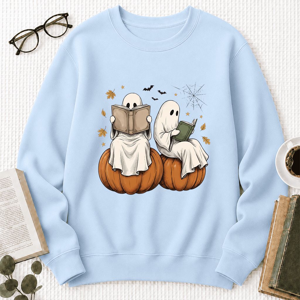 Small Ghosts Reading on Pumpkins Printed Sweatshirt | Spooky Book Lover Gift Light Blue
