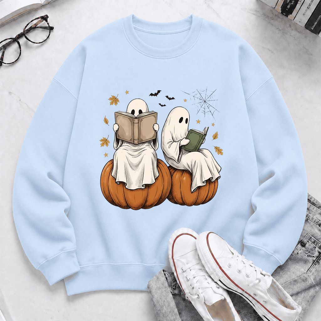 Small Ghosts Reading on Pumpkins Printed Sweatshirt | Spooky Book Lover Gift Light Blue