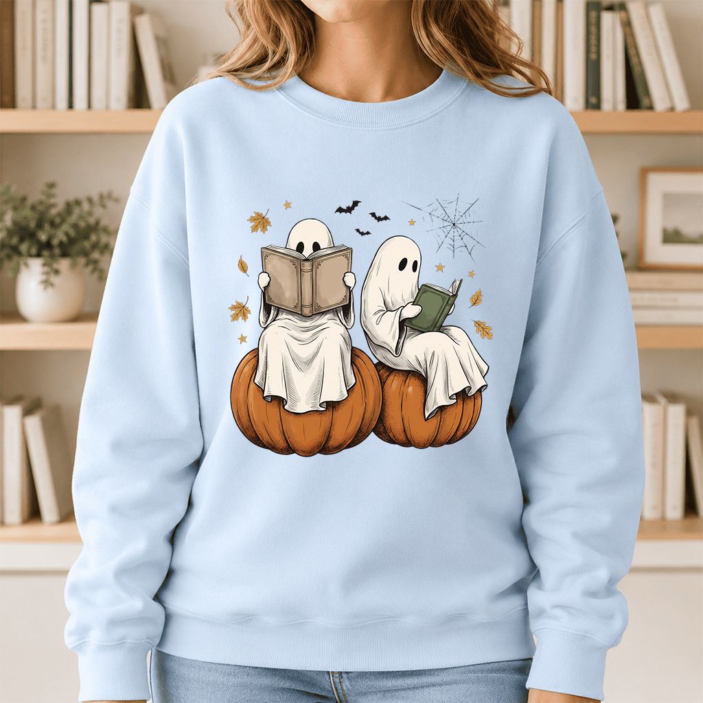 Small Ghosts Reading on Pumpkins Printed Sweatshirt | Spooky Book Lover Gift Light Blue