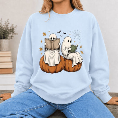 Small Ghosts Reading on Pumpkins Printed Sweatshirt | Spooky Book Lover Gift Light Blue