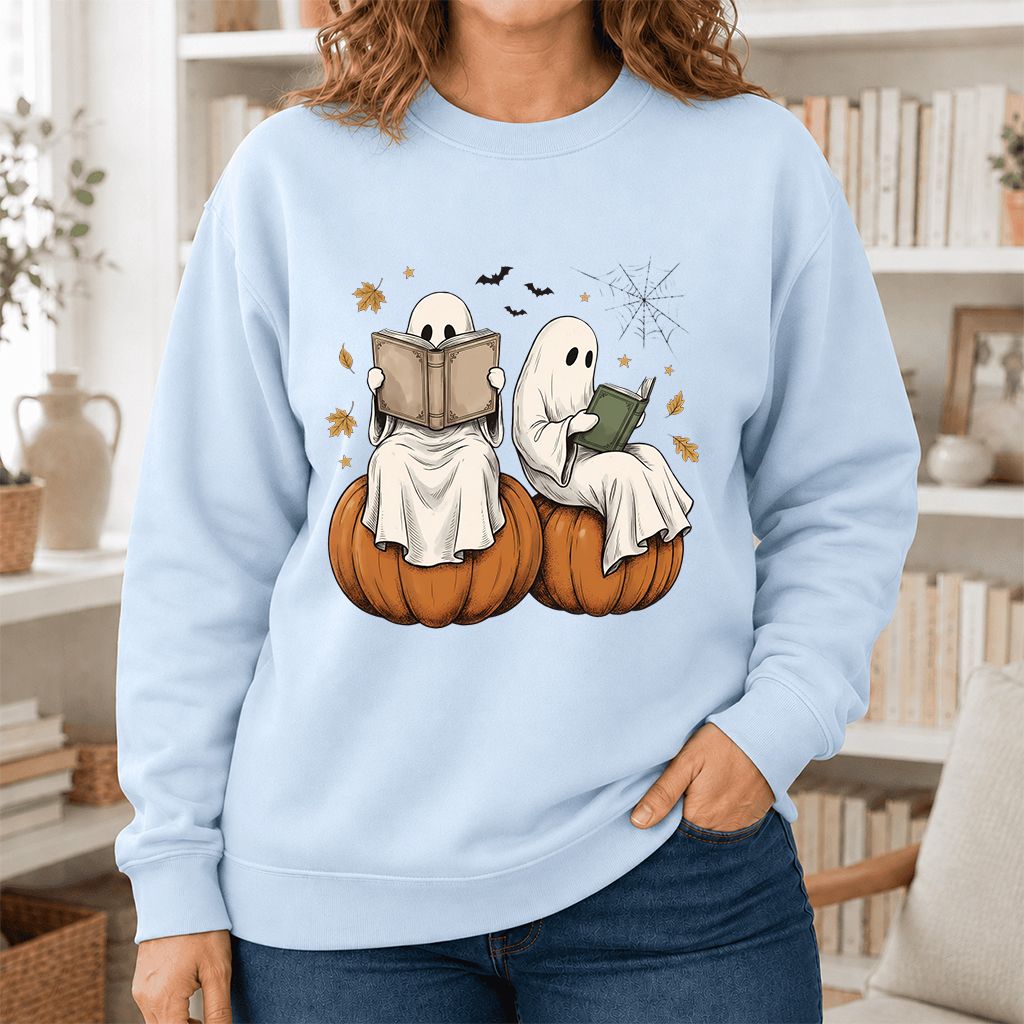 Small Ghosts Reading on Pumpkins Printed Sweatshirt | Spooky Book Lover Gift Light Blue