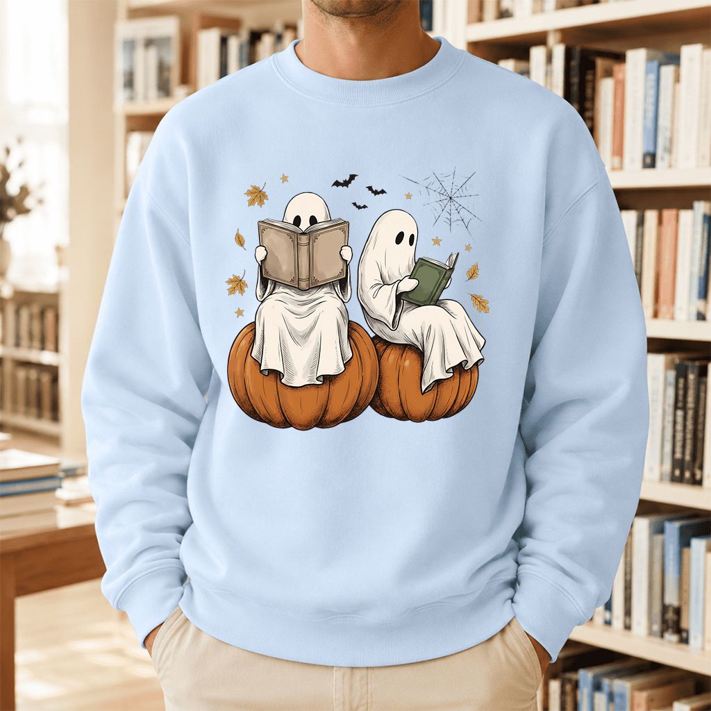 Small Ghosts Reading on Pumpkins Printed Sweatshirt | Spooky Book Lover Gift Light Blue