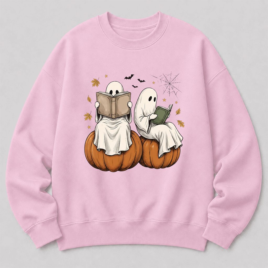 Small Ghosts Reading on Pumpkins Printed Sweatshirt | Spooky Book Lover Gift Light Pink