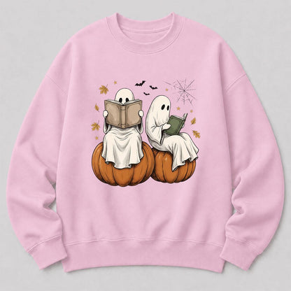 Small Ghosts Reading on Pumpkins Printed Sweatshirt | Spooky Book Lover Gift Light Pink