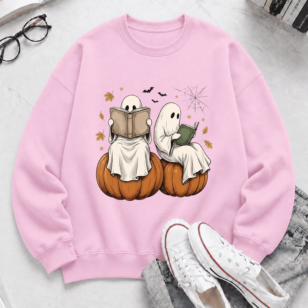 Small Ghosts Reading on Pumpkins Printed Sweatshirt | Spooky Book Lover Gift Light Pink