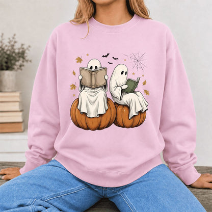 Small Ghosts Reading on Pumpkins Printed Sweatshirt | Spooky Book Lover Gift Light Pink