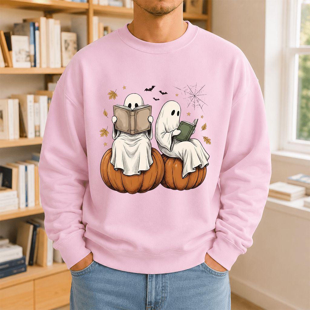 Small Ghosts Reading on Pumpkins Printed Sweatshirt | Spooky Book Lover Gift Light Pink