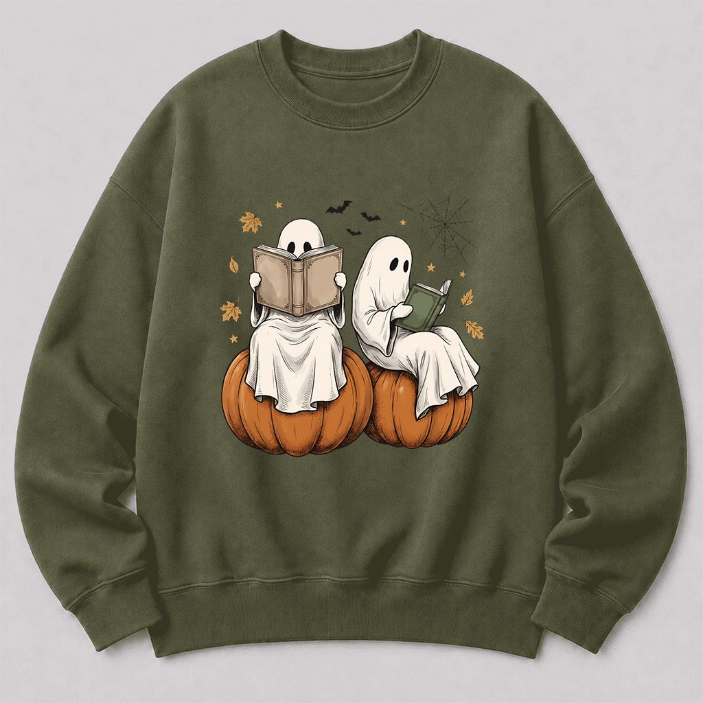 Small Ghosts Reading on Pumpkins Printed Sweatshirt | Spooky Book Lover Gift Military Green
