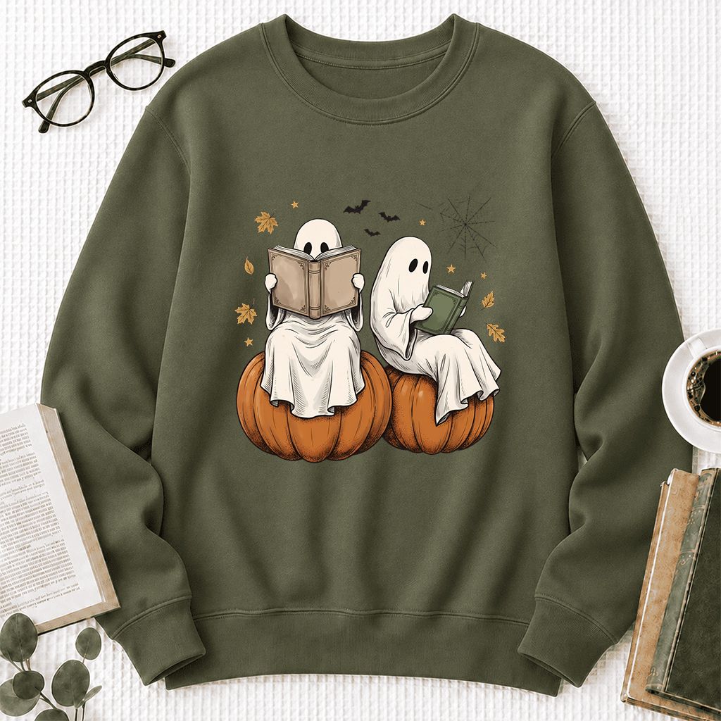 Small Ghosts Reading on Pumpkins Printed Sweatshirt | Spooky Book Lover Gift Military Green