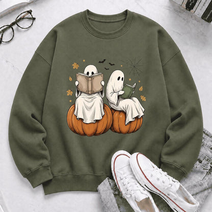 Small Ghosts Reading on Pumpkins Printed Sweatshirt | Spooky Book Lover Gift Military Green