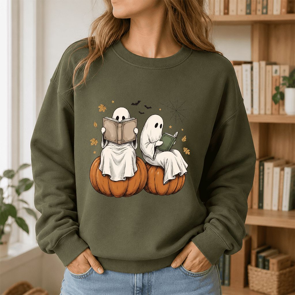 Small Ghosts Reading on Pumpkins Printed Sweatshirt | Spooky Book Lover Gift Military Green