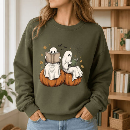 Small Ghosts Reading on Pumpkins Printed Sweatshirt | Spooky Book Lover Gift Military Green