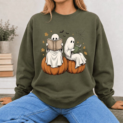 Small Ghosts Reading on Pumpkins Printed Sweatshirt | Spooky Book Lover Gift Military Green