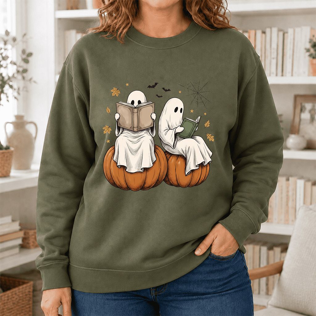 Small Ghosts Reading on Pumpkins Printed Sweatshirt | Spooky Book Lover Gift Military Green