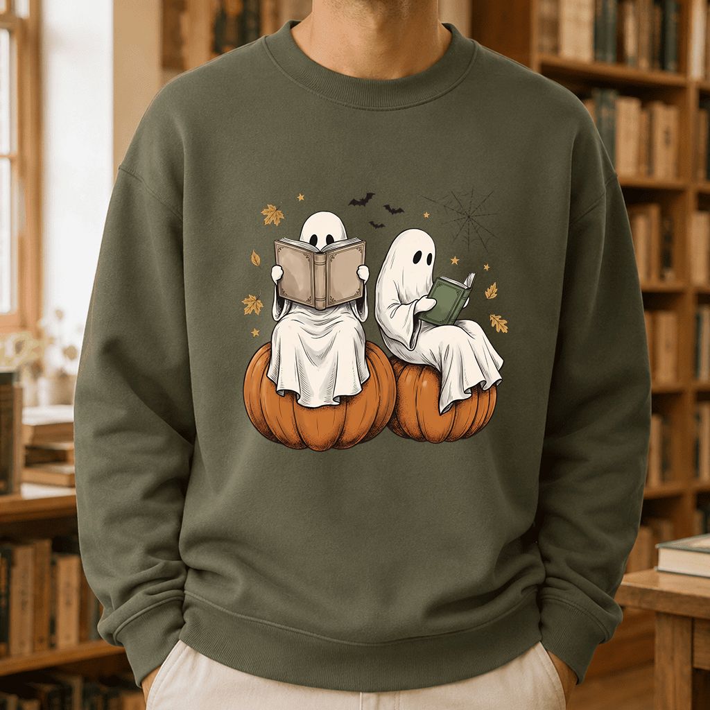 Small Ghosts Reading on Pumpkins Printed Sweatshirt | Spooky Book Lover Gift Military Green