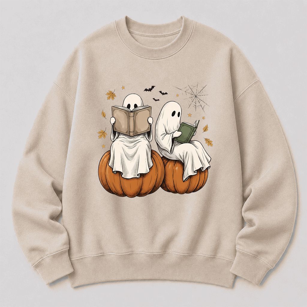 Small Ghosts Reading on Pumpkins Printed Sweatshirt | Spooky Book Lover Gift Sand