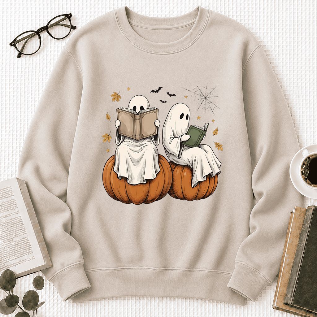 Small Ghosts Reading on Pumpkins Printed Sweatshirt | Spooky Book Lover Gift Sand