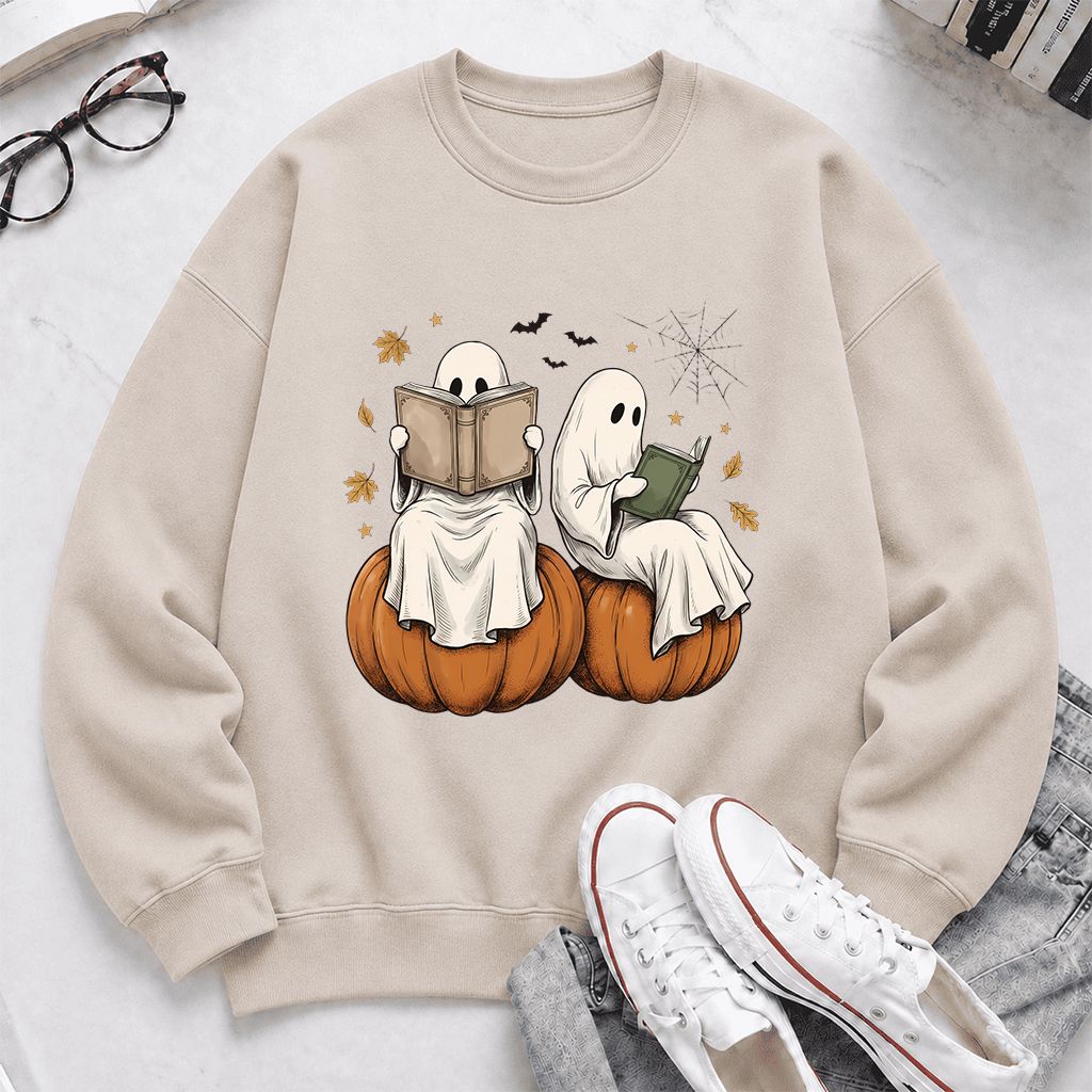 Small Ghosts Reading on Pumpkins Printed Sweatshirt | Spooky Book Lover Gift Sand