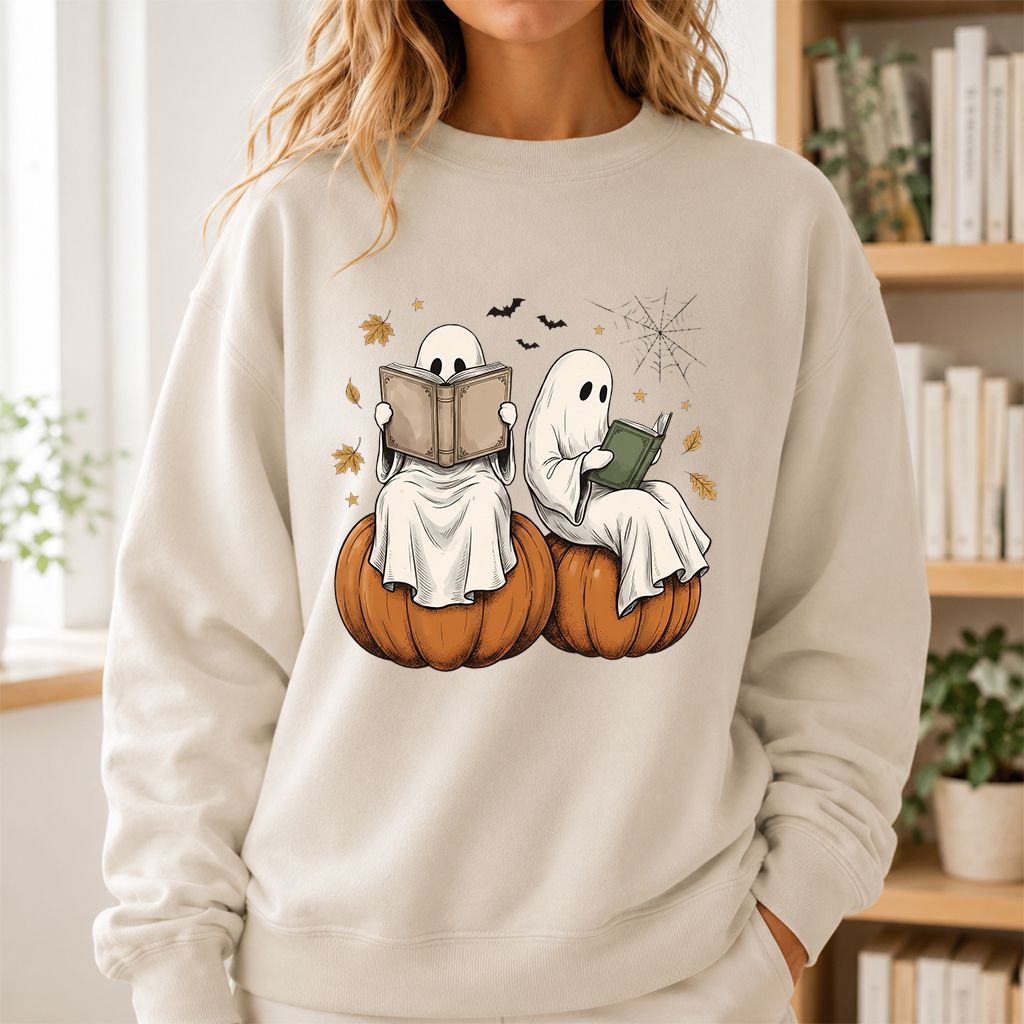 Small Ghosts Reading on Pumpkins Printed Sweatshirt | Spooky Book Lover Gift Sand