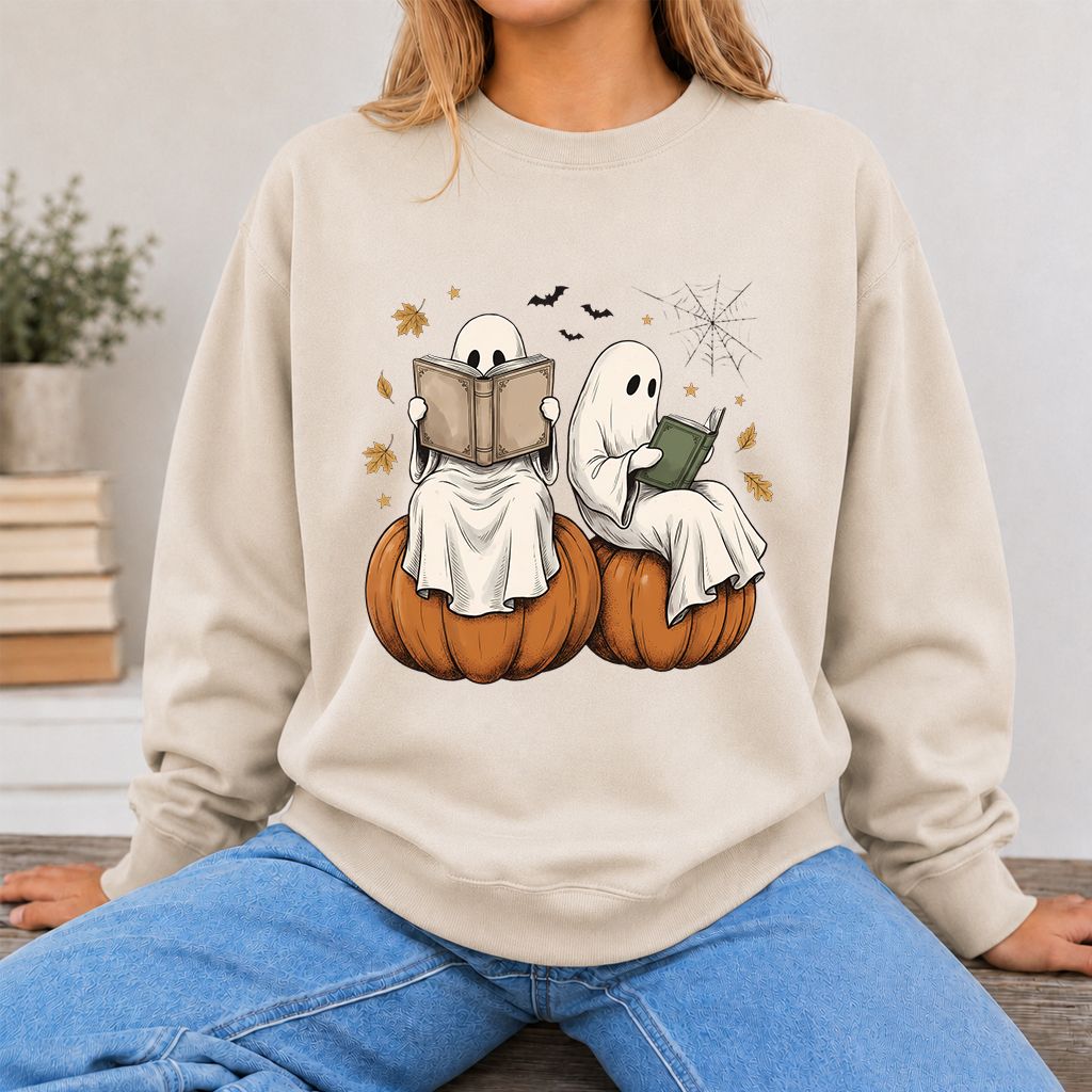 Small Ghosts Reading on Pumpkins Printed Sweatshirt | Spooky Book Lover Gift Sand