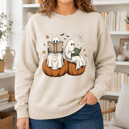 Small Ghosts Reading on Pumpkins Printed Sweatshirt | Spooky Book Lover Gift Sand