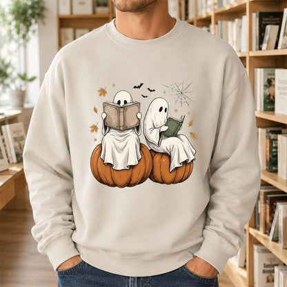 Small Ghosts Reading on Pumpkins Printed Sweatshirt | Spooky Book Lover Gift Sand