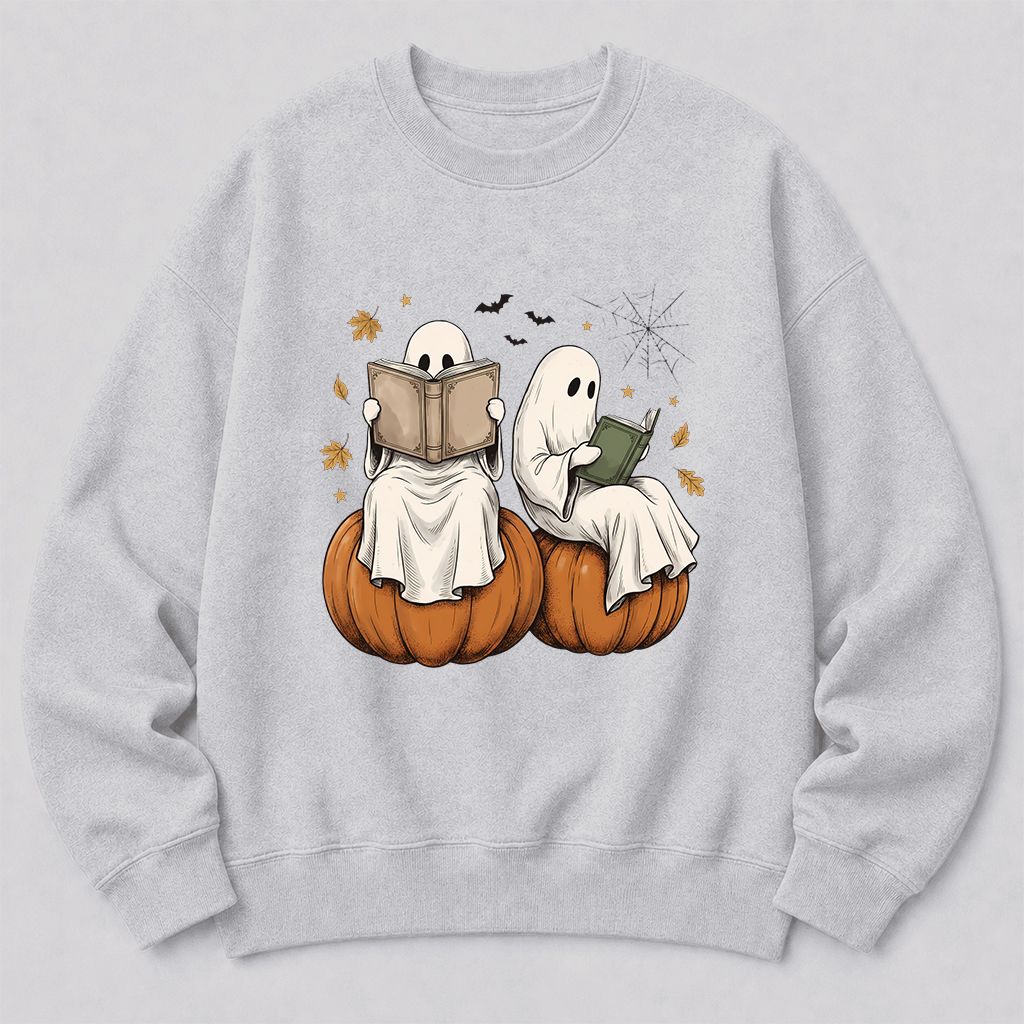 Small Ghosts Reading on Pumpkins Printed Sweatshirt | Spooky Book Lover Gift Sport Grey