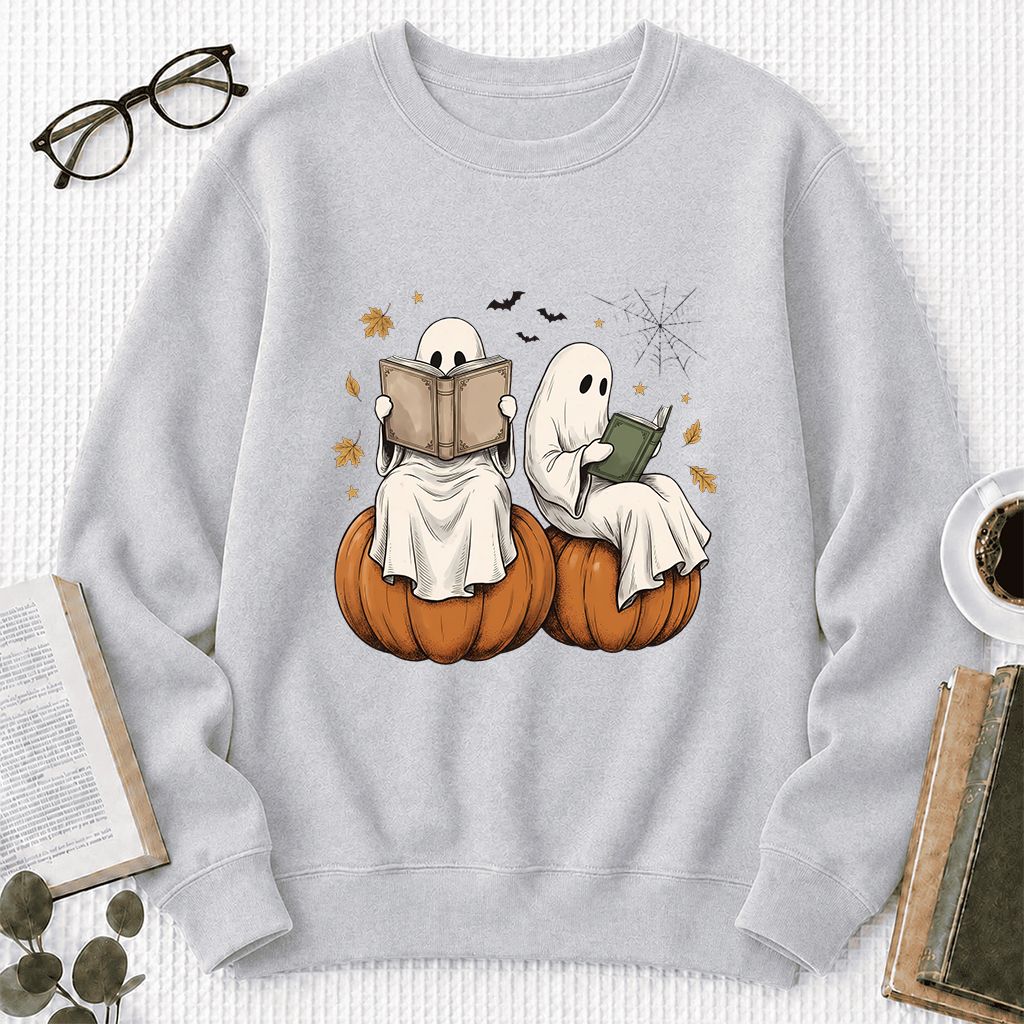 Small Ghosts Reading on Pumpkins Printed Sweatshirt | Spooky Book Lover Gift Sport Grey