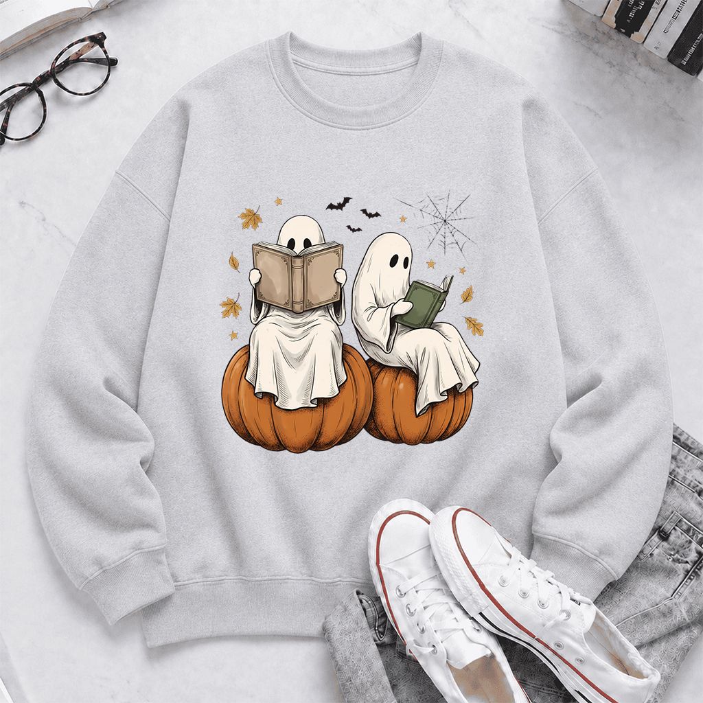 Small Ghosts Reading on Pumpkins Printed Sweatshirt | Spooky Book Lover Gift Sport Grey