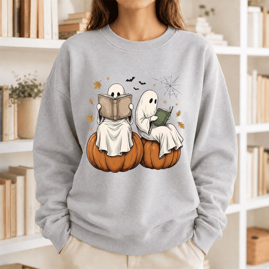 Small Ghosts Reading on Pumpkins Printed Sweatshirt | Spooky Book Lover Gift Sport Grey