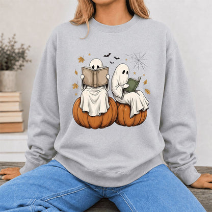 Small Ghosts Reading on Pumpkins Printed Sweatshirt | Spooky Book Lover Gift Sport Grey