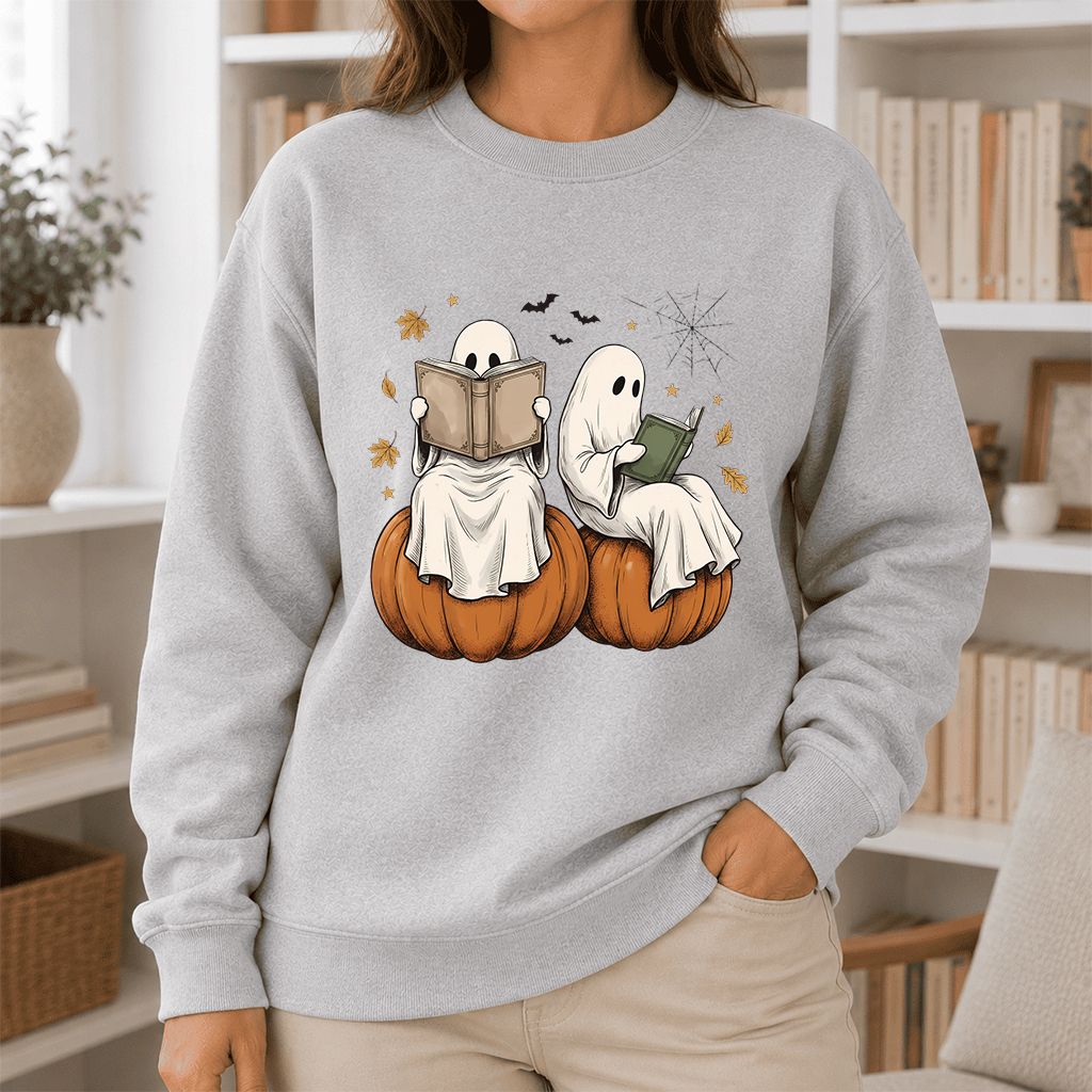 Small Ghosts Reading on Pumpkins Printed Sweatshirt | Spooky Book Lover Gift Sport Grey