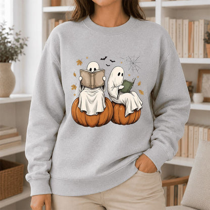 Small Ghosts Reading on Pumpkins Printed Sweatshirt | Spooky Book Lover Gift Sport Grey
