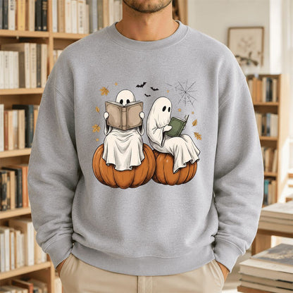 Small Ghosts Reading on Pumpkins Printed Sweatshirt | Spooky Book Lover Gift Sport Grey