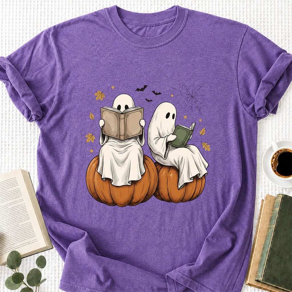 Small Ghosts Reading on Pumpkins Printed T-Shirt | Spooky Book Lover Gift Heather Purple
