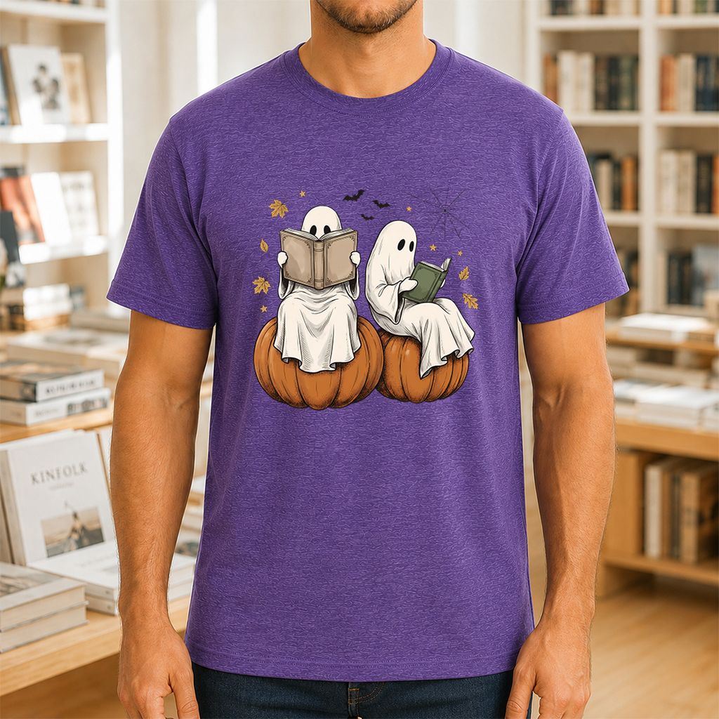Small Ghosts Reading on Pumpkins Printed T-Shirt | Spooky Book Lover Gift Heather Purple