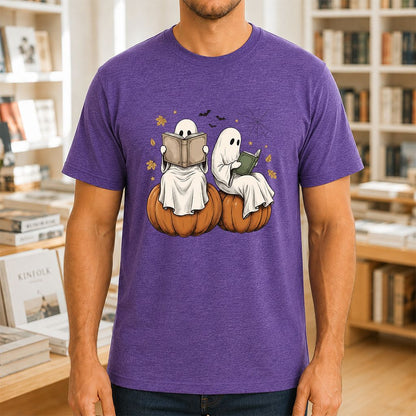Small Ghosts Reading on Pumpkins Printed T-Shirt | Spooky Book Lover Gift Heather Purple