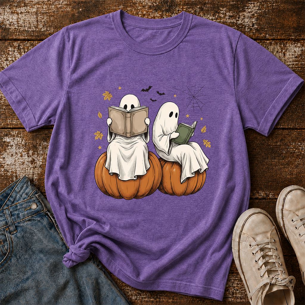 Small Ghosts Reading on Pumpkins Printed T-Shirt | Spooky Book Lover Gift Heather Purple